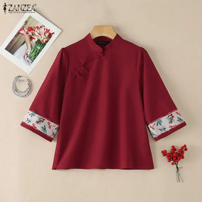 ZANZEA Vintage Blouses for Woman Frog Buttons Mandarin Collar Printing Patchwork 3/4 Sleeves Tops Elegant Retro Blusas de Mujer