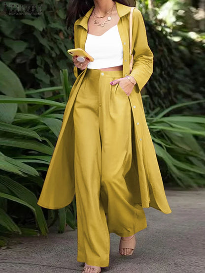 ZANZEA Spring 2PCS Outfits Fashion Long Sleeve Shirt Loose Pant Sets Women Elegant Matching Sets Stylish Solid Work Tracksuits