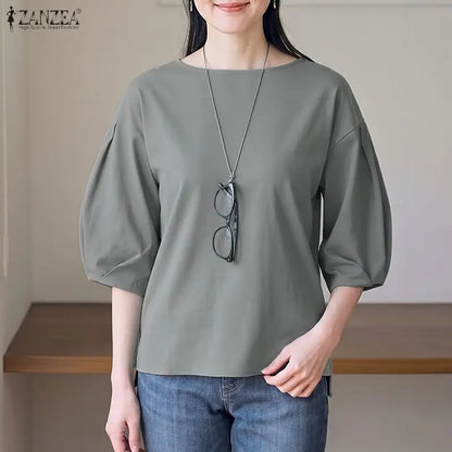 ZANZEA 2026 Summer Casual Blouses Woman O-Neck Half Puff Sleeves Solid Color Loose Tops Minimalist Everyday Wear Blusas de Mujer
