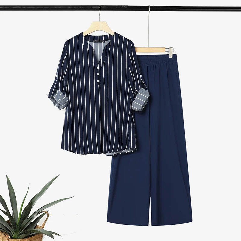 ZANZEA 2PCS Autumn Outfits Casual V Neck Long Sleeve Tops Pant Sets Women Striped OL Style Outfits Stylish 2 Pieces Sets Korean