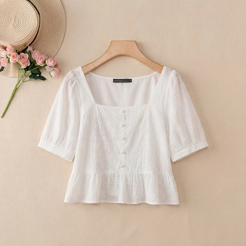 ZANZEA Embroidered Fabric Cropped Blouses Woman Square Neck Short Puff Sleeve Peplum Tops Summer Daily Casual Blusas de Mujer