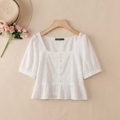 ZANZEA Embroidered Fabric Cropped Blouses Woman Square Neck Short Puff Sleeve Peplum Tops Summer Daily Casual Blusas de Mujer