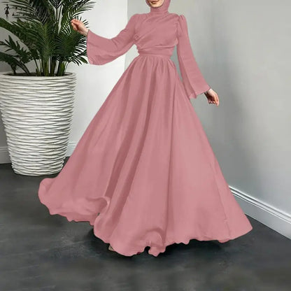 Fashion Muslim Abaya 2026 ZANZEA Women Stand Neck Long Sleeve Pleated Sundress Solid Belted Robe Dubai Hijab Dresses Oversize