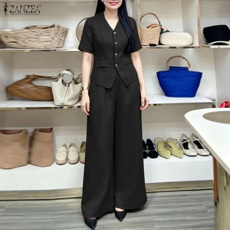 2026 ZANZEA Women Summer V Neck Short Sleeve Blouse Pant Sets Solid OL Work Outfits 2 Pieces Sets Fashion Wide Leg Trousers Suit