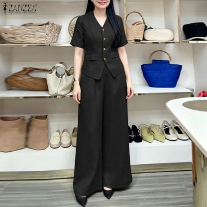 2026 ZANZEA Women Summer V Neck Short Sleeve Blouse Pant Sets Solid OL Work Outfits 2 Pieces Sets Fashion Wide Leg Trousers Suit