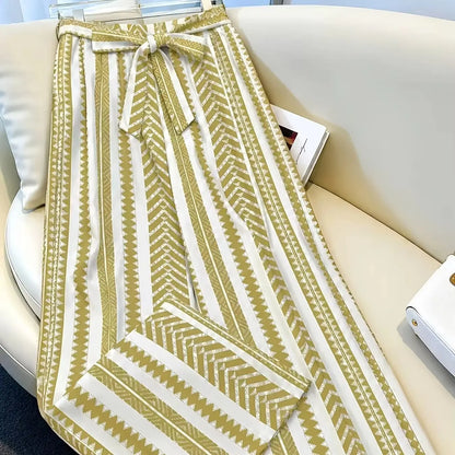 Women's Olive Green Geometric Chevron Stripe Print Wide Leg Pants High Waist Tie Belt Draping Loose Fit Casual Summer Trousers