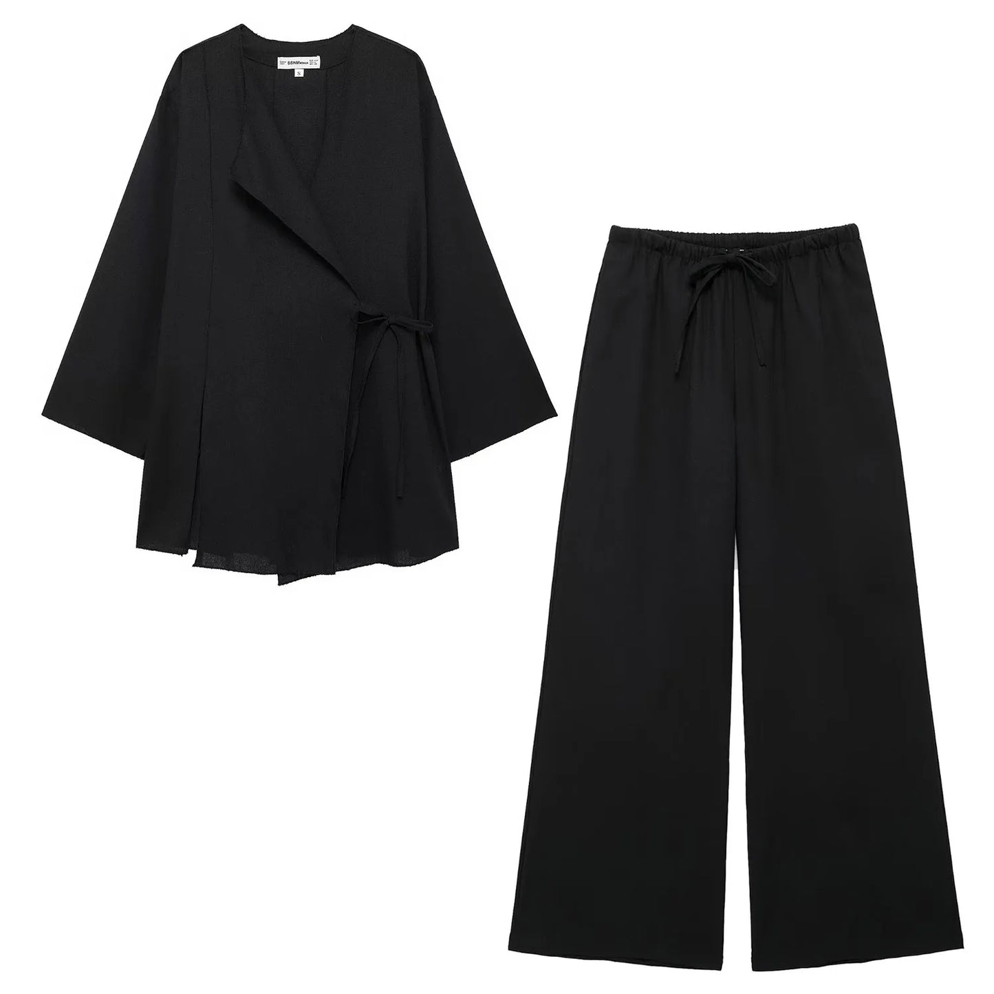 HH 2025 Spring Women Fashion Linen Suits New Solid Cardigan Kimono Top + Versatile Outerwear Female Wide Leg Long Pant