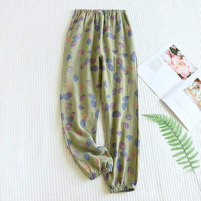 2026 New Spring Summer Women's Pajamas 100% Cotton Crepe Pants Women's Comfortable Loose Large Leaf Home Pants Thin Bottoms