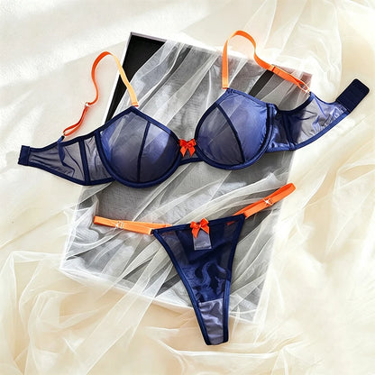 Women's Lingerie Navy Blue Sheer Mesh Underwear Steel Rings Bra Orange Bow Thongs 2Pieces Sexy Lingerie Contrast Color Intimates