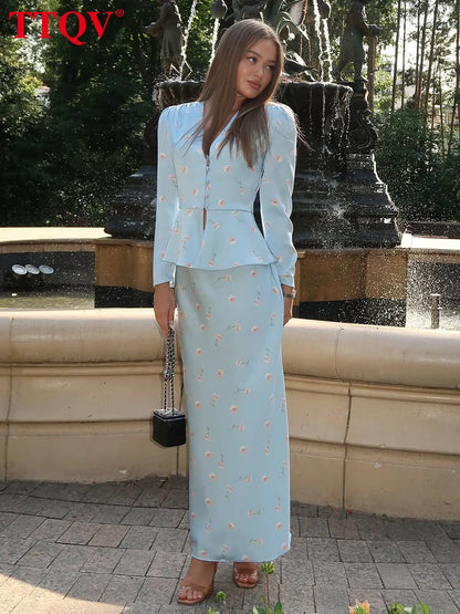 TTQV Fashion Slim Print Women's Two Pieces Set 2026 Elegant Long Sleeve Shirt With High Waist Long Skirt Set Female Clothing