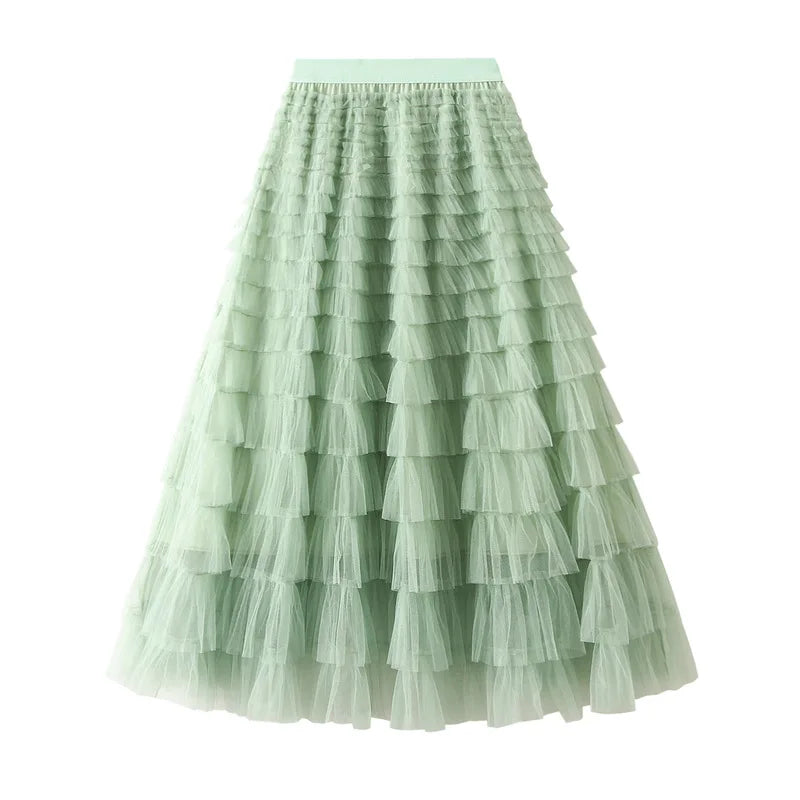 HOT Solid Multilayer Ruffle Mesh Skirt Women Boho High Waist Long Maxi Tulle Skirt Spring Summer Party Women's Clothing