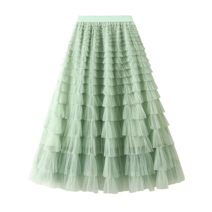 HOT Solid Multilayer Ruffle Mesh Skirt Women Boho High Waist Long Maxi Tulle Skirt Spring Summer Party Women's Clothing