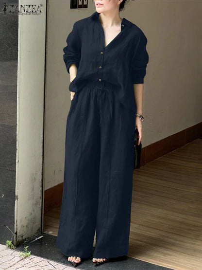 Fashion Autumn 2 Pieces Sets Women Outfits 2025 ZANZEA Casual Long Sleeve Shirt Trousers Suit Elegant Solid OL Work Tracksuits