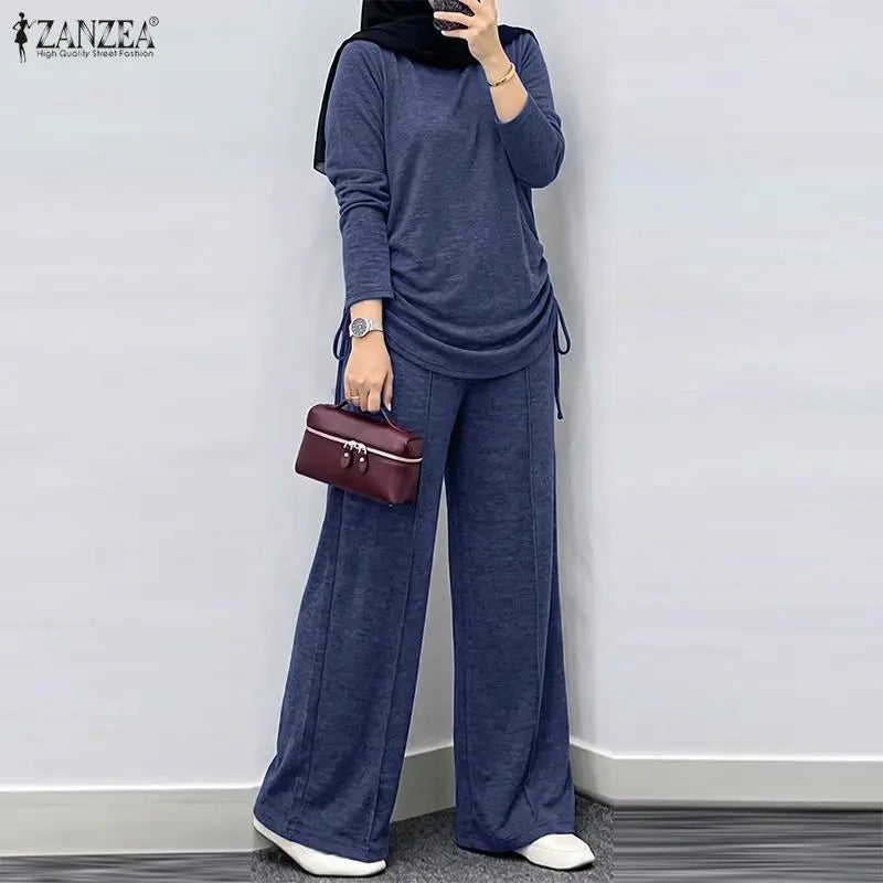 ZANZEA Autumn Long Sleeve Side Tie Knit Tops With Wide Leg Pants Women Muslim 2 Piece Sets Modest Casual Solid Islamic Outfits