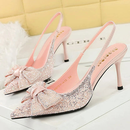 BIGTREE Shoes Sequin Fabric Women Pumps Bowknot Woman Heels Luxury Banquet Shoes Stiletto 8 cm High Heels Summer Heeled Sandals