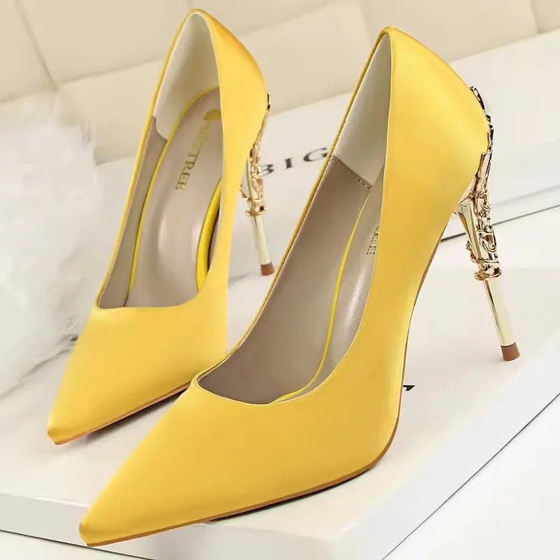 BIGTREE Shoes Women Pumps Flower Carved Metal Heel Women Shoes Fashion Wedding Shoes Satins Stilettos Heels 10 Cm High Heels