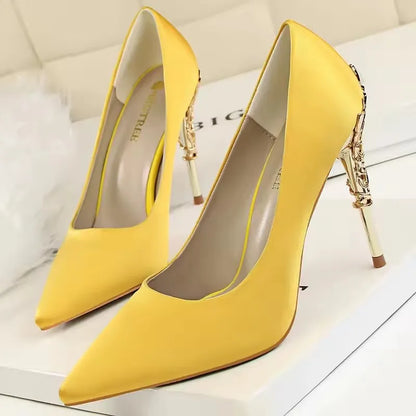 BIGTREE Shoes Women Pumps Flower Carved Metal Heel Women Shoes Fashion Wedding Shoes Satins Stilettos Heels 10 Cm High Heels