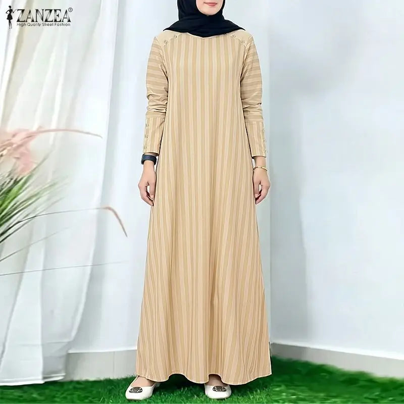 Ramadan Abaya Muslim Dress ZANZEA Women Striped Maxi Dresses Elegant O Neck Long Sleeve Pleated Sundress Robe Casual Kaftan
