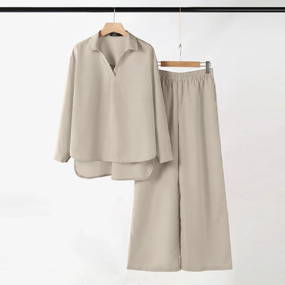 ZANZEA Autumn Outfits Two Piece Sets Women Casual V Neck Long Sleeve Tops With Wide Leg Pants Suits Elegant Solid OL Tracksuit