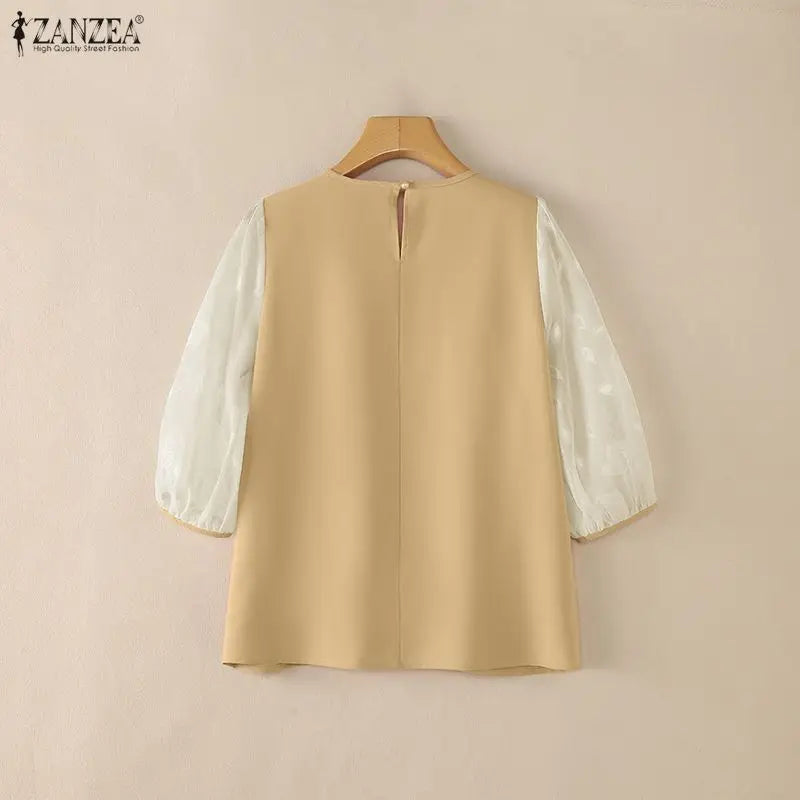 ZANZEA Sophisticated Elegant Floral Fil Coupe Patchwork 3/4 Sleeve Blouses Women Gathered O-Neck Top Solid Color Blusas de Mujer