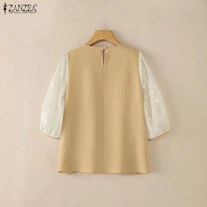 ZANZEA Sophisticated Elegant Floral Fil Coupe Patchwork 3/4 Sleeve Blouses Women Gathered O-Neck Top Solid Color Blusas de Mujer