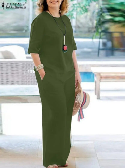 ZANZEA Women 2 -piece Sets Cotton Suit Half Sleeve Blouse & Trousers Causal Pant Sets Fashion Tracksuits Summer Work Outfits