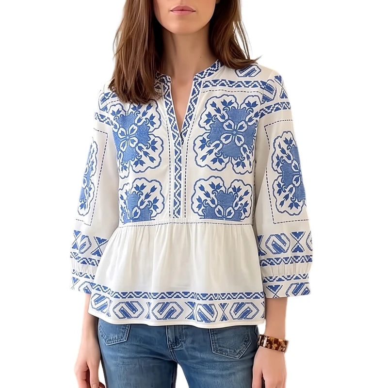 ZANZEA Women Summer Ethnic Floral Print Blouses Casual V-Neck 3/4 Lantern Sleeves Peplum Tops Bohemian Vacation Blusas Mujer