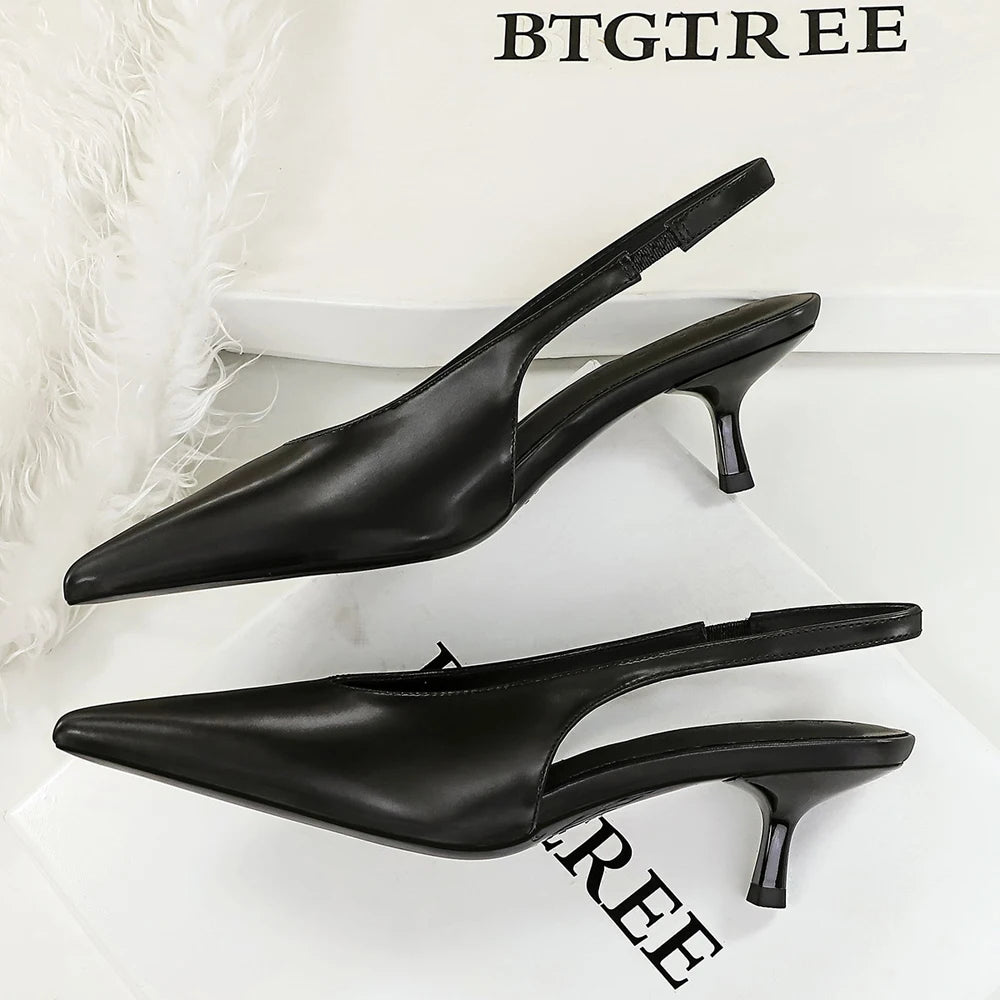 BIGTREE Shoes Kitten High Heels Women Pumps Stiletto Heels 5 cm Pointed Toe Middle Heel Shoes Rear Empty Rear Strap Women Shoes