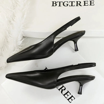 BIGTREE Shoes Kitten High Heels Women Pumps Stiletto Heels 5 cm Pointed Toe Middle Heel Shoes Rear Empty Rear Strap Women Shoes