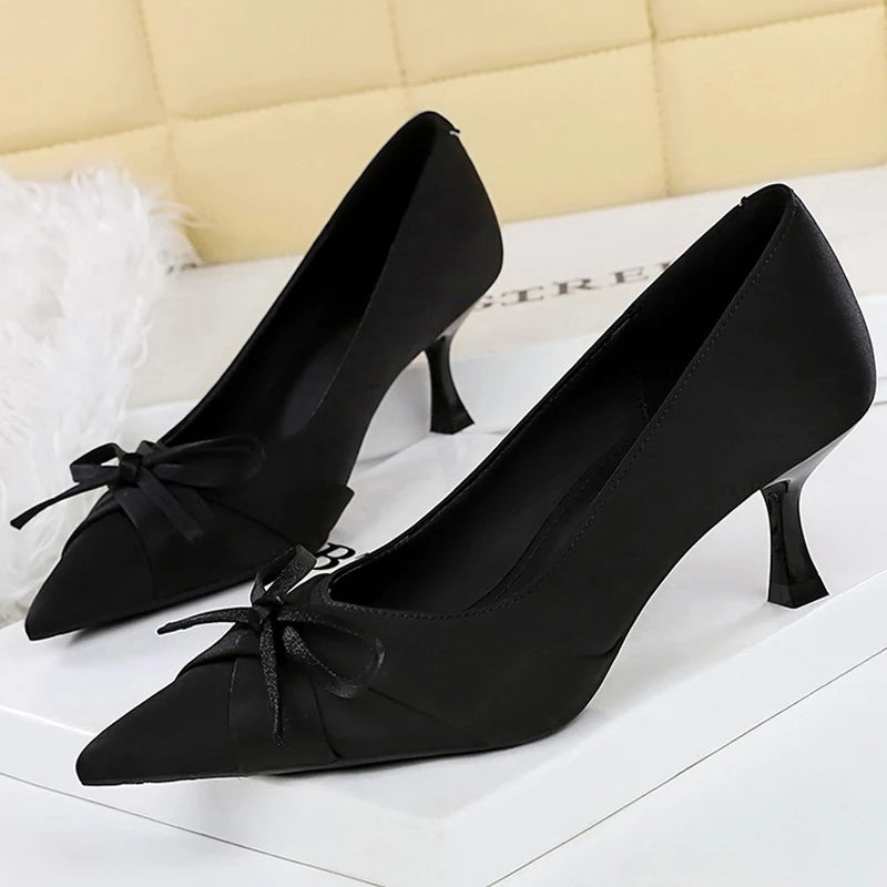 BIGTREE Shoes Silks Satins Women Pumps Bowknot Kitten High Heels Pointed Tip Women Heels Stiletto 6 CM Sexy Party Shoes Pumps