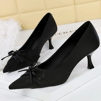 BIGTREE Shoes Silks Satins Women Pumps Bowknot Kitten High Heels Pointed Tip Women Heels Stiletto 6 CM Sexy Party Shoes Pumps