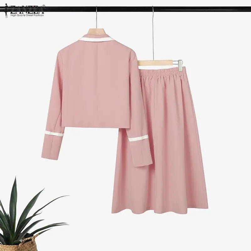 ZANZEA Women's Elegant Office Blazer Suits Contrast-Color Lapel Short Blazer & Midi Skirts 2 Pieces Sets Outfit Chic Skirt Suits