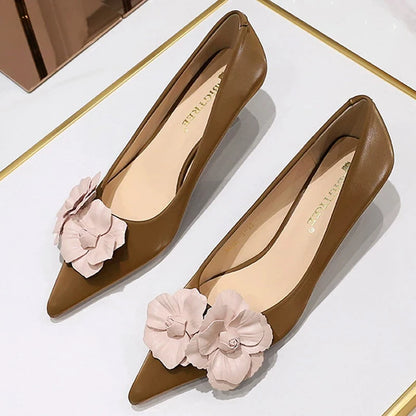 BIGTREE Shoes 4 Cm Stilettos Mid Heel Shoes Women Flower Decoration Design Women Heels Pointed Kitten High Heels Plus Size 43