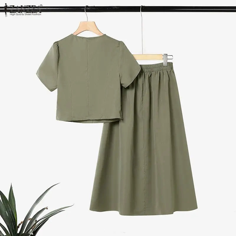 ZANZEA Women Elegant 2pcs Matching Skirt Sets O-Neck Petal Sleeves Tops & A-Line Midi Skirts 2 Piece Sets ZANZEA Dates Outfits