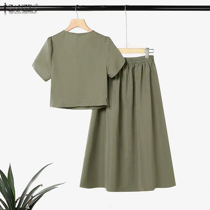ZANZEA Women Elegant 2pcs Matching Skirt Sets O-Neck Petal Sleeves Tops & A-Line Midi Skirts 2 Piece Sets ZANZEA Dates Outfits