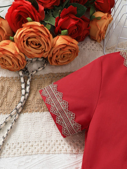 Middle East Girls Summer Floral Lace Short Sleeve Dress with Belt Casual Daily Wear Red Ethnic Style Children's Clothing