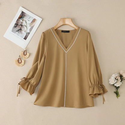 ZANZEA Elegant Contrast-Piping Women's Blouses 2026 Spring 3/4 Lantern Sleeve Tied Cuffs Solid Color Tops Woman Clothes New In