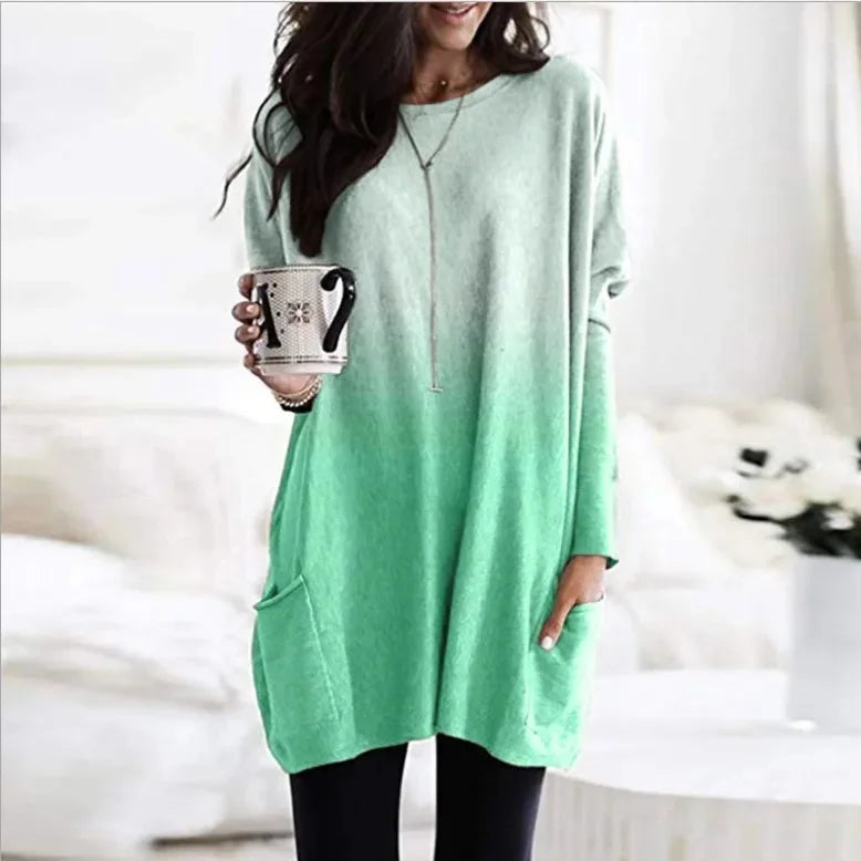 Women's Casual Long Sleeve T-Shirt with Pocket Gradient Color T-Shirt for Autumn And Winter Fashionable And Comfortable