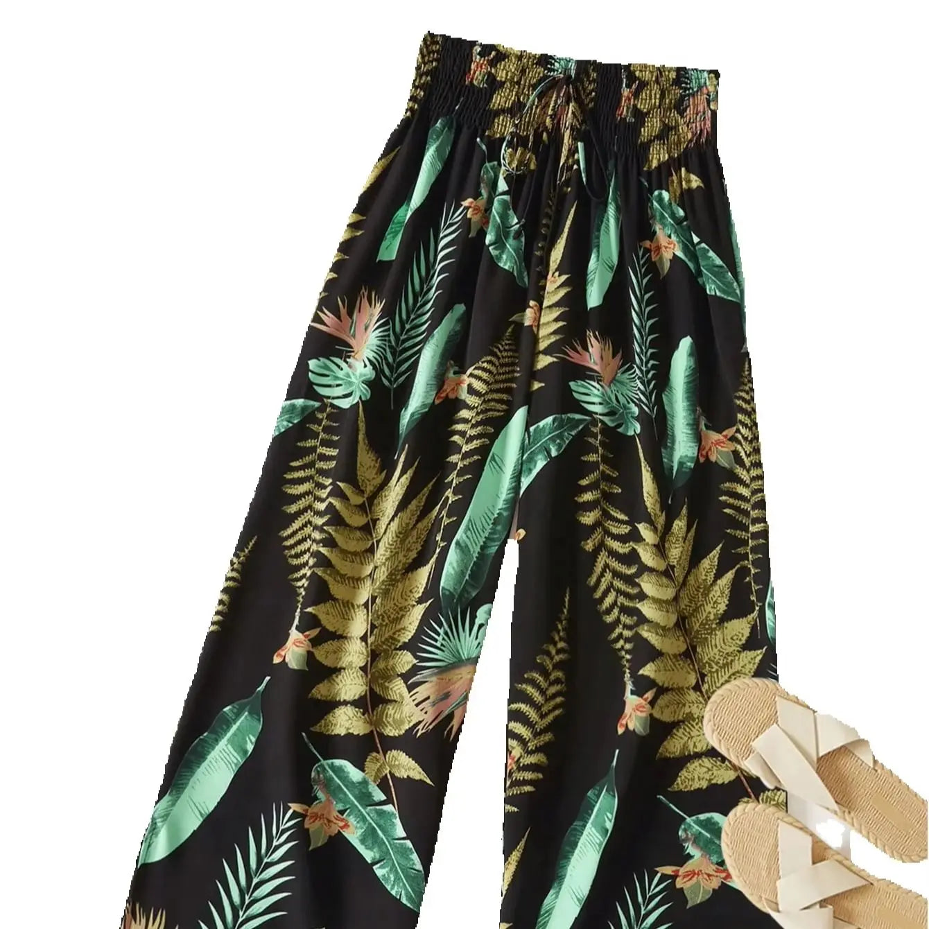 Women's Tropical Leaf Print Wide Leg Pants, Casual Elastic Waist Drawstring Palazzo Trousers For Ladies