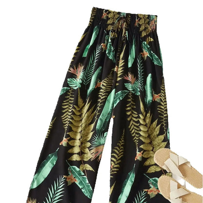 Women's Tropical Leaf Print Wide Leg Pants, Casual Elastic Waist Drawstring Palazzo Trousers For Ladies