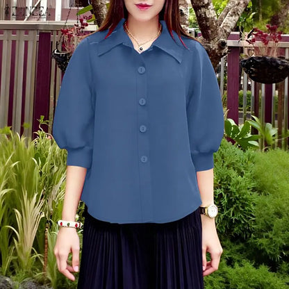 ZANZEA Woman Summer 3/4 Lantern Sleeves Shirts Turn-Down Collar Button Up Tops Casual Daily Wear Solid Color Chemises Femme
