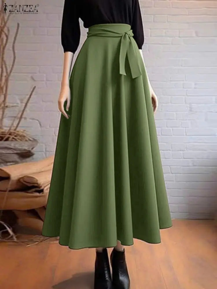 ZANZEA Elegant Maxi Skirts 2026 Women Elastic Waist Jupes Casual Faldas Saia Belted High Waist Fashion Solid Street Overskirts