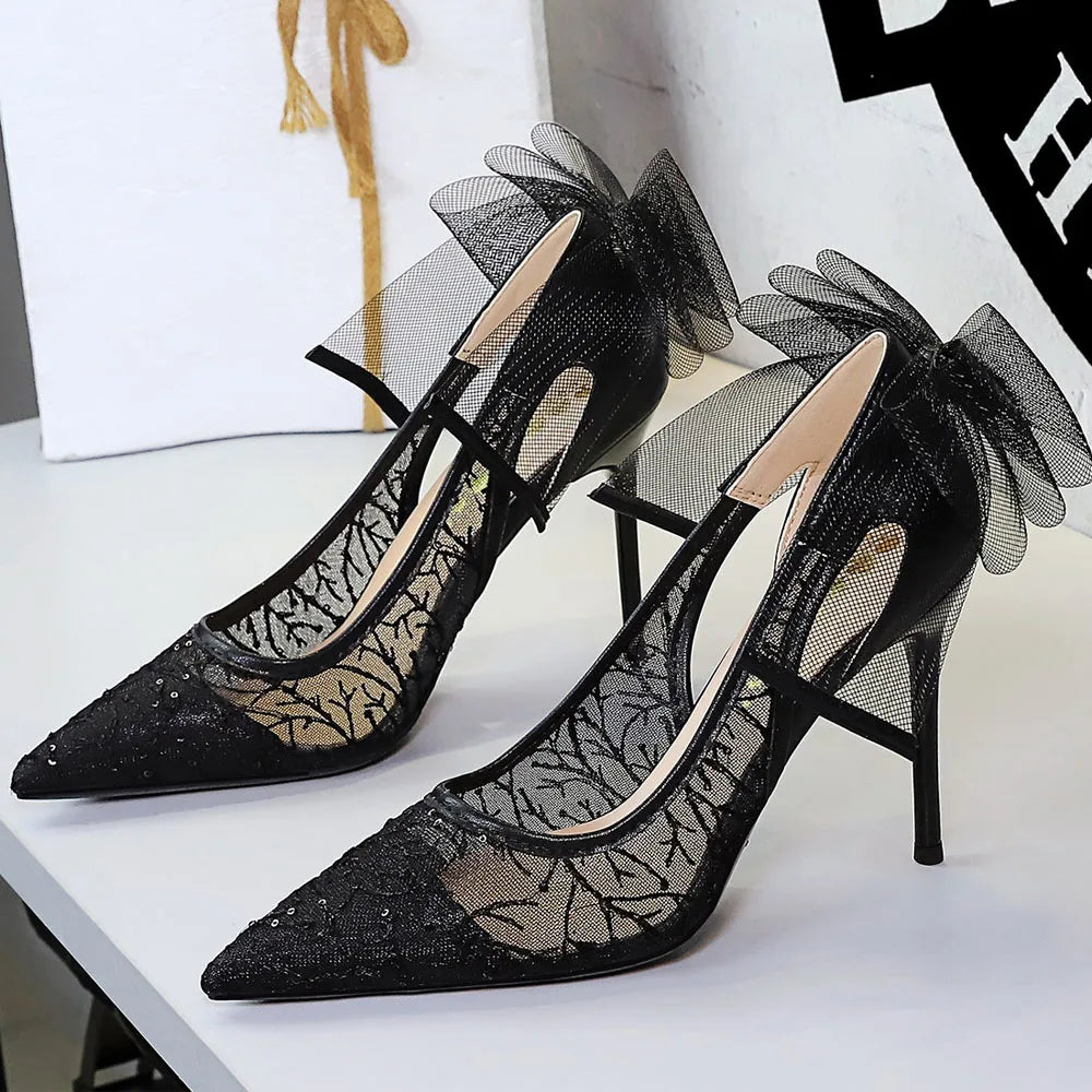 BIGTREE Shoes Sexy Hollow Lace Mesh Women Pumps Bowknot High Heels Pointed Tip Stiletto Heels 9.5 cm Sexy Party Shoes Women Pump