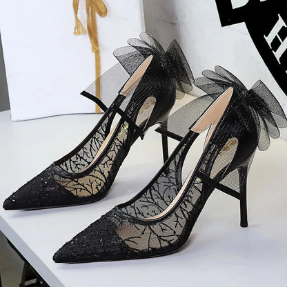 BIGTREE Shoes Sexy Hollow Lace Mesh Women Pumps Bowknot High Heels Pointed Tip Stiletto Heels 9.5 cm Sexy Party Shoes Women Pump