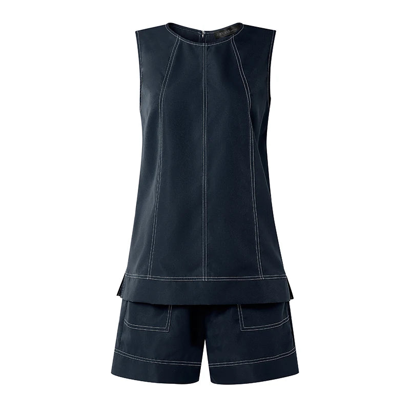 ZANZEA 2PCS Holiday Outfits Fashion Summer 2 Pieces Sets Women O Neck Sleeveless Tanks Shorts Sets Contrast Stitching Tracksuit
