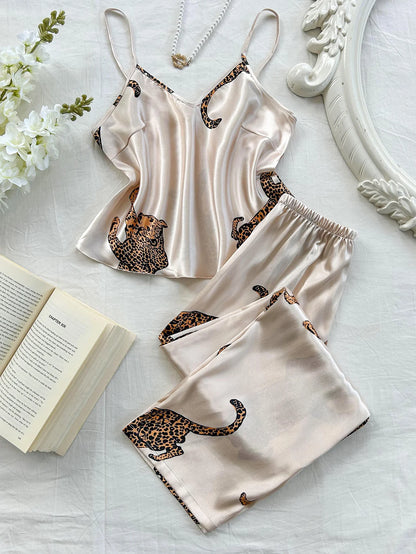 Comfortable Fashionable 2pcs V Neck Leopard Print Suspender Long Pants Pajama Set