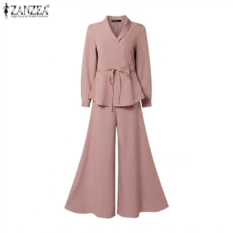 ZANZEA Plus Size Women's Minimalist Pant Suits Wide Leg Flared Pant & Long Sleeve Blouse 2pcs Sets Casual Loose Sets Outfits 5XL