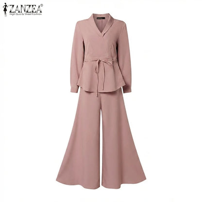 ZANZEA Plus Size Women's Minimalist Pant Suits Wide Leg Flared Pant & Long Sleeve Blouse 2pcs Sets Casual Loose Sets Outfits 5XL