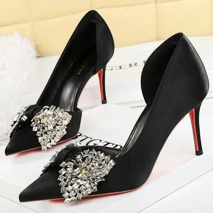 BIGTREE Shoes Rhinestone Bow Women Pumps Silks Satins High Heels Luxury Banquet Shoes Stiletto 7.5 cm 10 cm Sexy Party Shoes