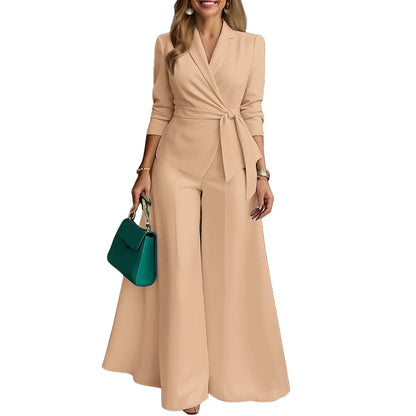 ZANZEA Women's Minimalist 2-Piece Pant Sets Elegant Long Sleeve Belted Blouse & Wide Leg Pant 2pcs Suits Office Work Co-ords